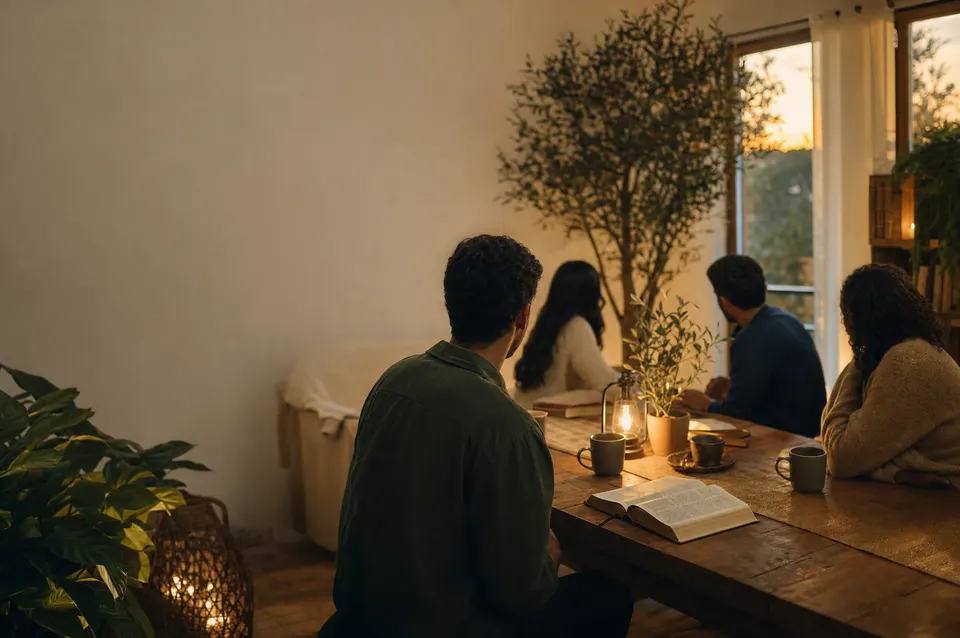 Pequeno grupo reunido em volta de uma mesa, com Bíblia aberta e luz do fim de tarde